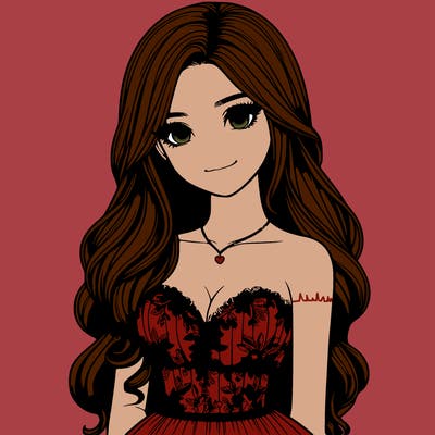 realistic girl with long hair and pretty prom dress