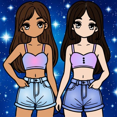 two sisters with crop tops and jean shorts and straight hair