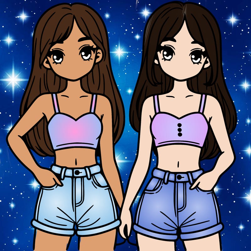 two sisters with crop tops and jean shorts and straight hair