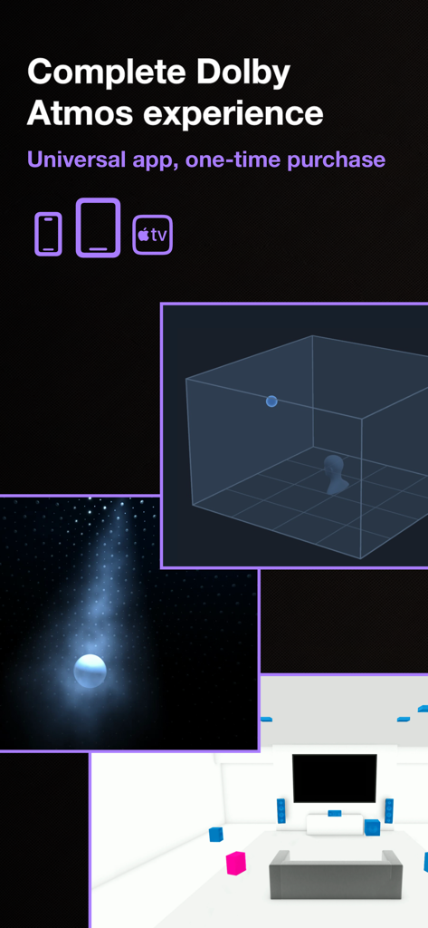 Sound test for Dolby Atmos - Oberfläche der Soundtest-App für Dolby Atmos, die räumliche Audiokartierung und universelle Gerätekompatibilität anzeigt