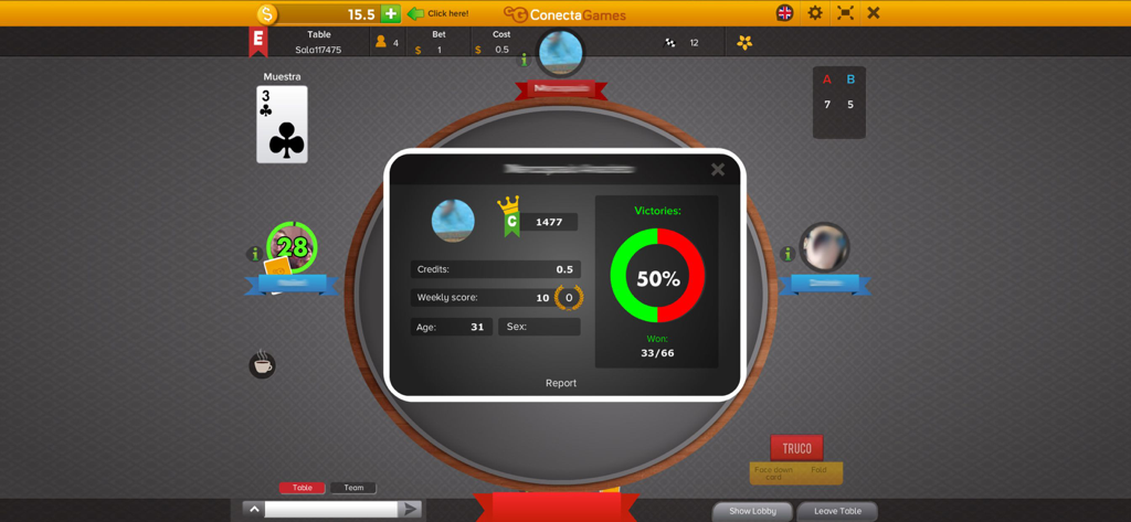 Um pop-up de perfil de jogador mostrando uma taxa de vitória de 50% e estatísticas do jogo na interface do jogo de cartas Truco