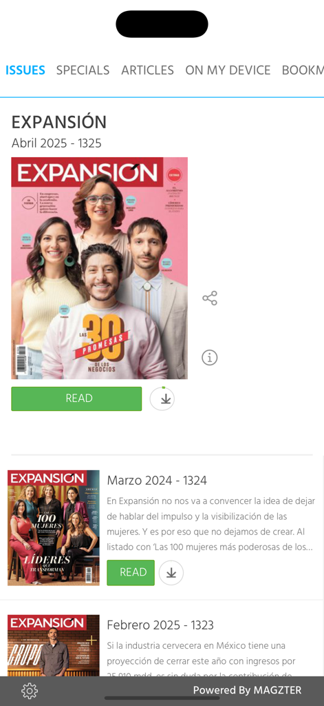 Revista Expansion app interface showing digital business magazine issues and articles.