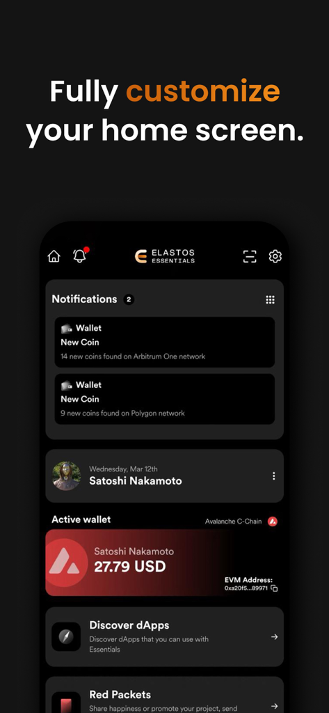 다중 체인 알림 및 활성 지갑 잔액이 있는 Elastos Essentials Wallet의 사용자 정의 가능한 홈 화면을 보여주는 모바일 앱 인터페이스
