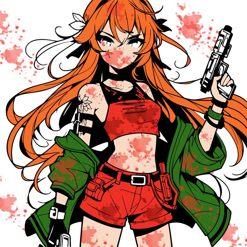 bad girl wearing crop top holding a gun long hair anime