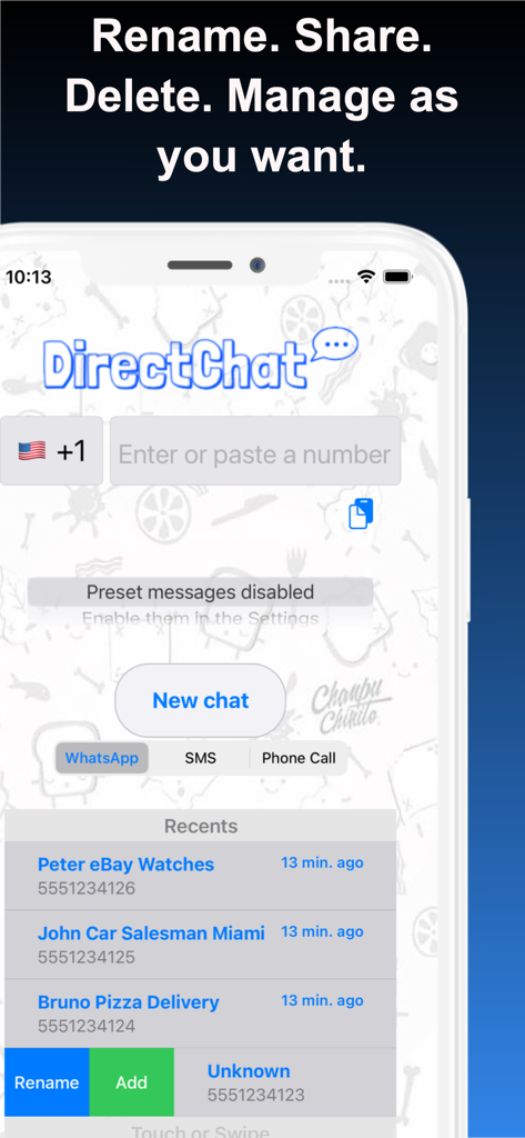 Interfaccia di DirectChat Messenger che mostra l'elenco dei contatti recenti con opzioni per rinominare e gestire le chat temporanee