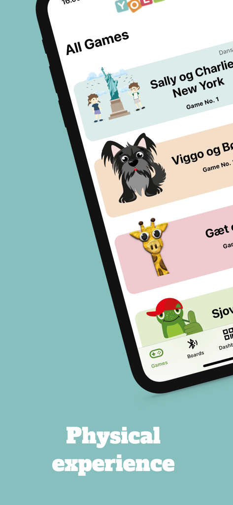 Play Yoli App-Bildschirm, der eine Bibliothek interaktiver Lernspiele für Kinder anzeigt