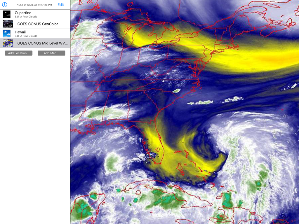 Wx for iPad - Mapa meteorológico satelital de los Estados Unidos mostrado en la aplicación Wx para iPad con datos atmosféricos codificados por colores y un menú lateral de ubicación.