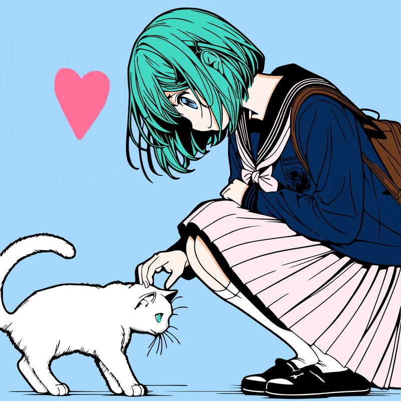 realistic anime girl bending down to pet a cat