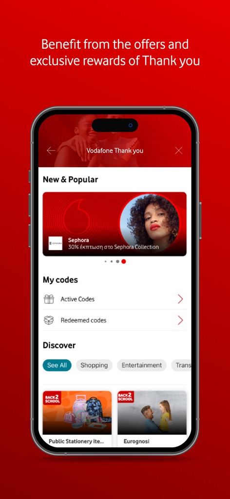 My Vodafone - Screenshot of the My Vodafone app showing the Thank You rewards section with various discount codes and exclusive shopping offers.