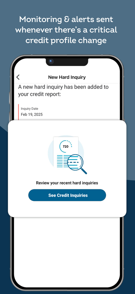 TransUnion app interface displaying a new hard inquiry alert on a mobile device