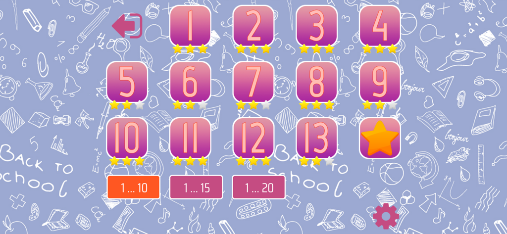 Math Shot Add and Subtract 20 - Levelauswahlbildschirm mit nummerierten Stufen, Sternbewertungen und Einstellungen für den Schwierigkeitsbereich