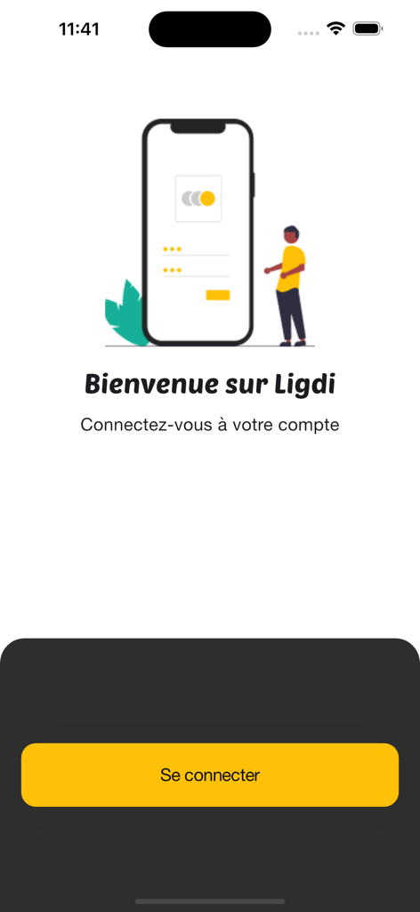 Ligdi Mobile App Willkommensbildschirm mit einer Anmeldeschaltfläche auf Französisch