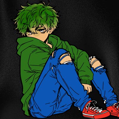 a male hoddie ripped jeans messy hair anime