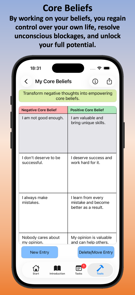 Life-Improver - Selfcoaching - 否定的なコアビリーフを前向きで力強い思考に変えるための表を示すモバイルアプリインターフェース。