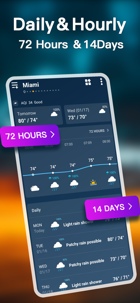 Weather - Accurate Weather App - Weatherアプリのインターフェース、72時間分の毎時間グラフとマイアミの14日間の日次予報を表示