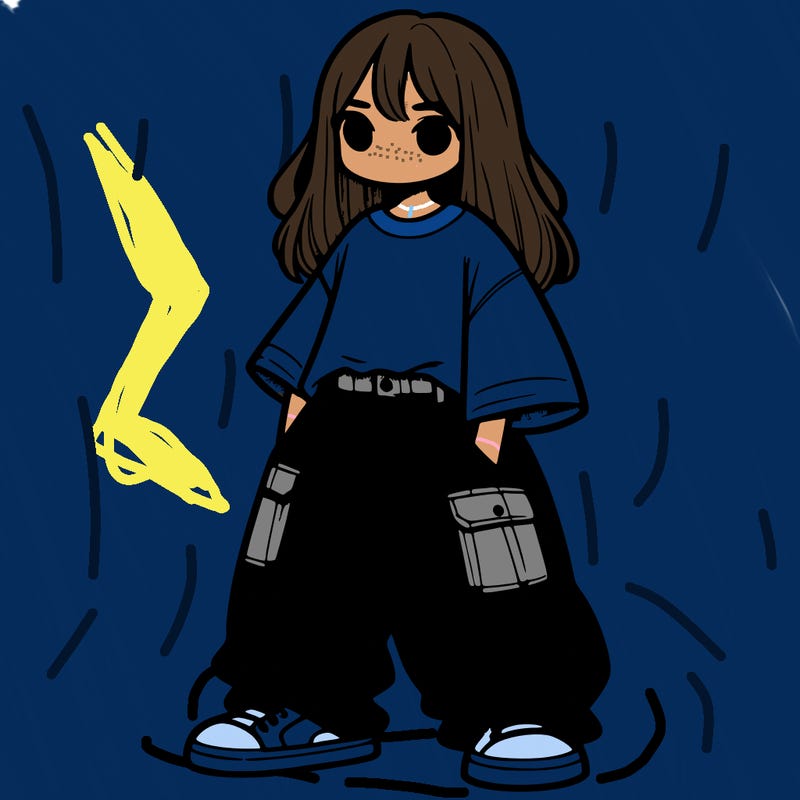 one girl with long hair and baggy pants and a over sized t shirt