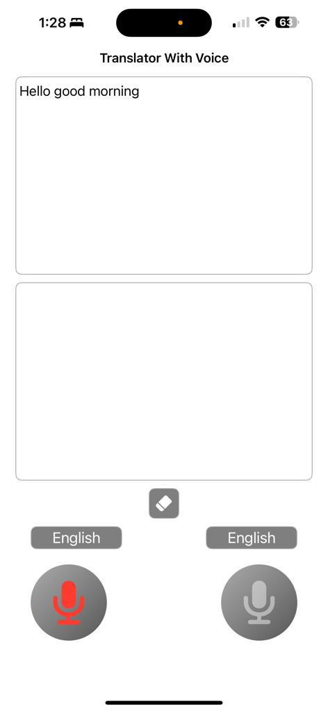 Translator with Voice - A simple mobile app interface for voice translation with dual text boxes and large microphone buttons