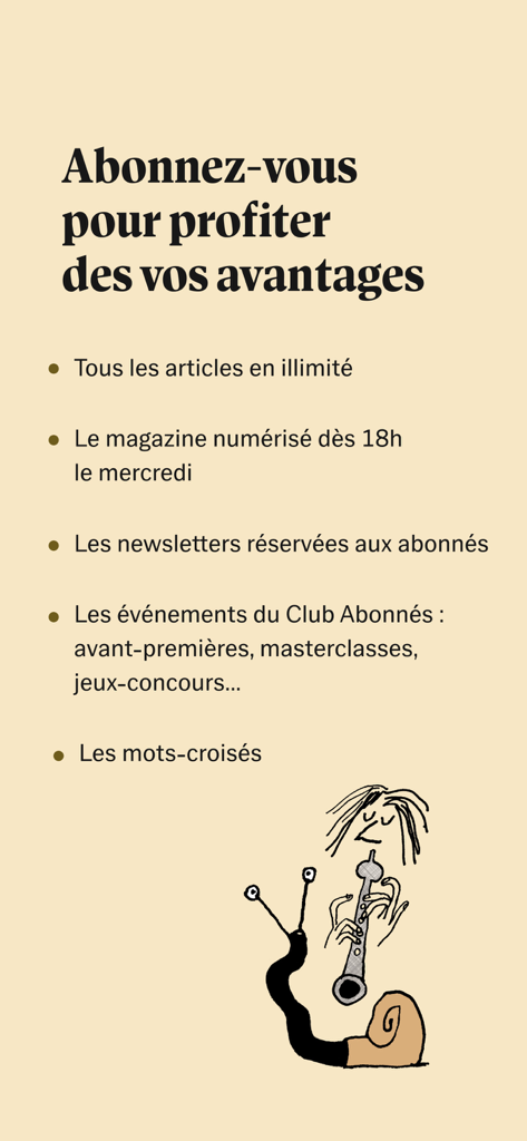 L'écran d'abonnement à l'application Le Nouvel Obs affiche les avantages réservés aux membres, tels que l'accès illimité aux articles et à un magazine numérique exclusif.