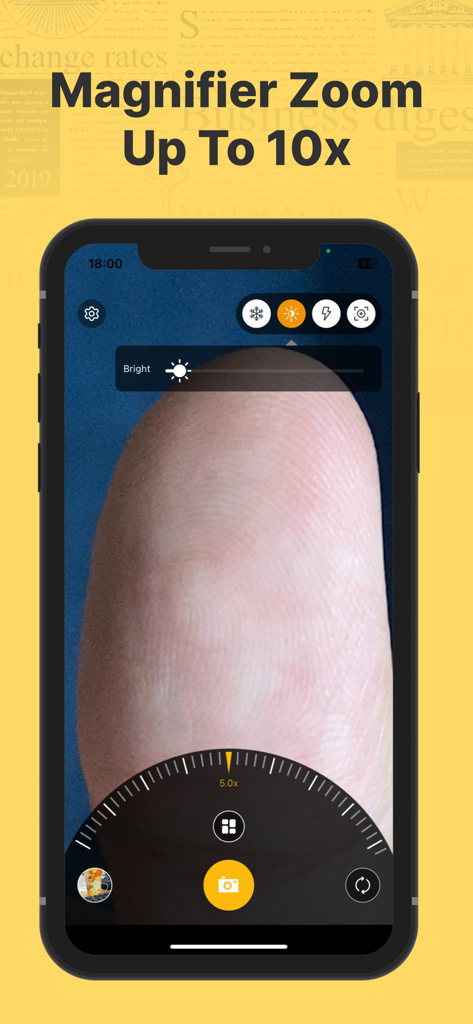 Magnifying Glass (Magnifier) - Pantalla de smartphone que muestra la aplicación Lupa con un zoom 5x en un dedo y una interfaz con un control deslizante de brillo y un dial de zoom