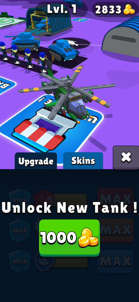 In-game screenshot of Tank Commander showing a prompt to unlock a new tank for 1000 coins at a military base