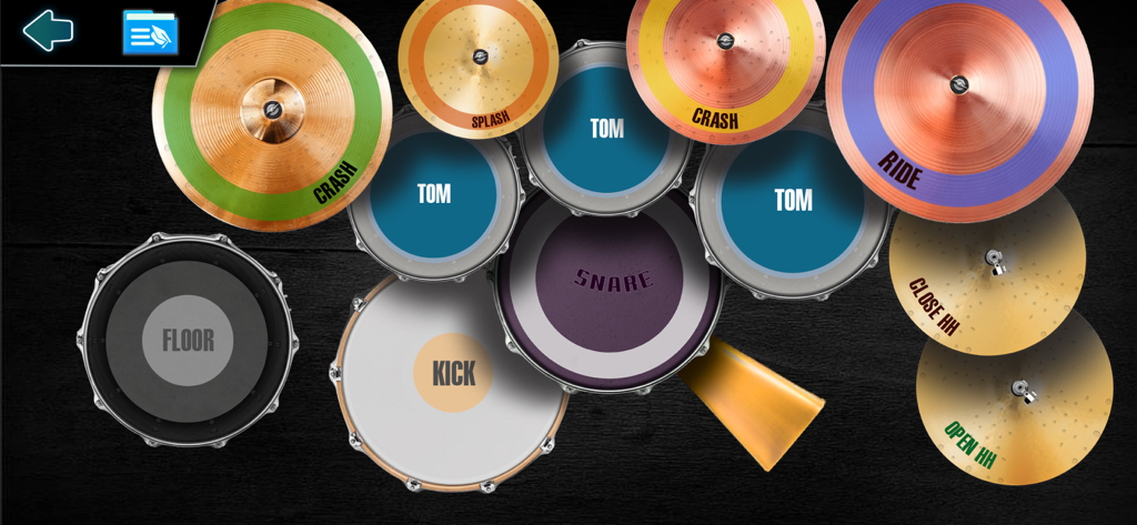 Real Piano – Learn & Play - A top-down view of a colorful virtual drum kit interface with labeled drums and cymbals