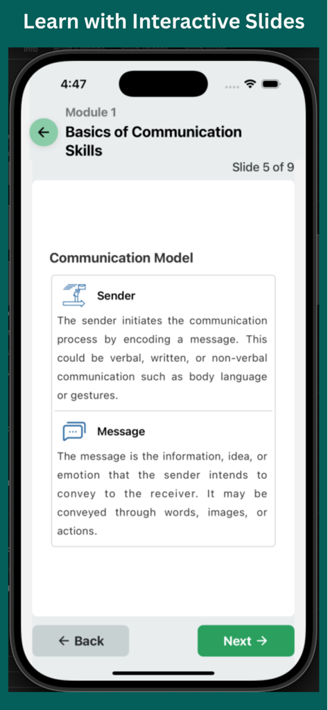 PakSoftSkills - PakSoftSkillsモバイルアプリでのコミュニケーションスキルに関するインタラクティブなレッスン画面