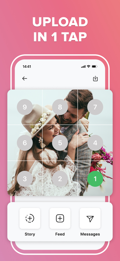 Una vista previa de cuadrícula de fotos de 3x3 en la aplicación Grid Post Maker con guías numeradas para subir a Instagram paso a paso.