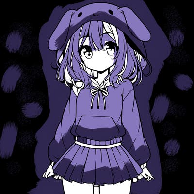 pretty anime girl wearing a fluffy hoodie with bunny ears on the hood and a skirt