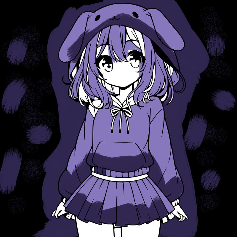 pretty anime girl wearing a fluffy hoodie with bunny ears on the hood and a skirt