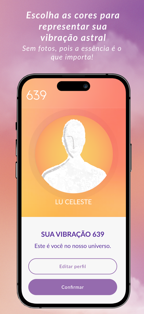639App - 639Appからのスマートフォンスクリーン。写真の代わりに、アストラルバイブレーションカラーを使用したデーティングプロフィールのセットアップが表示されています。