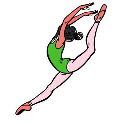 gymnast doing a leap in a leotard with a bent back leg