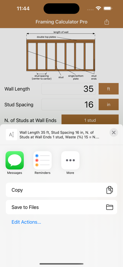 Framing Calculator Pro app interface displaying wall stud estimation and the iOS share sheet