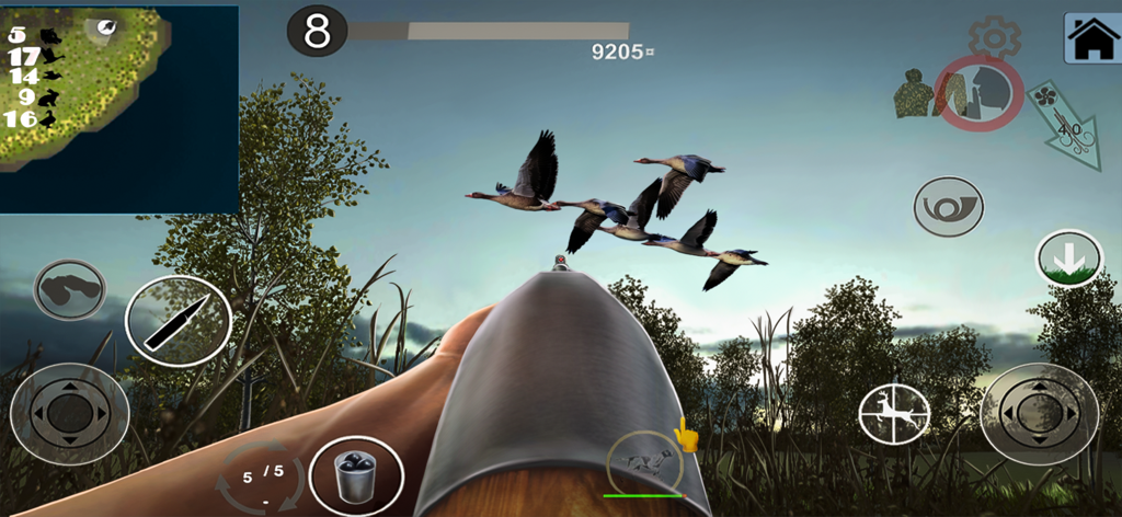 First person view of a player aiming a shotgun at flying ducks in a hunting simulator game.