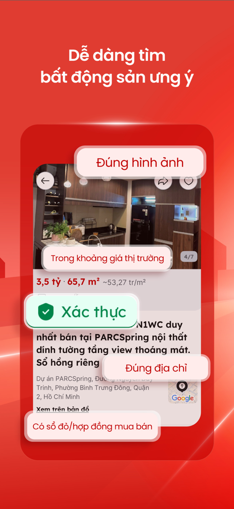 Smartphone screen displaying a verified property listing on the Batdongsan real estate app