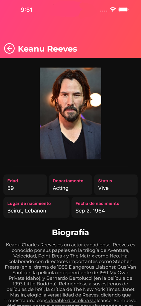 JFlix Películas - Actor profile for Keanu Reeves in the JFlix Peliculas app showing biography and details in Spanish