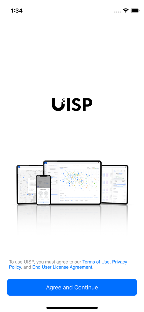 UISP Mobile - アプリのロゴ、マルチデバイス インターフェースのモックアップ、「同意して続行」ボタンを備えた UISP Mobile オンボーディング画面