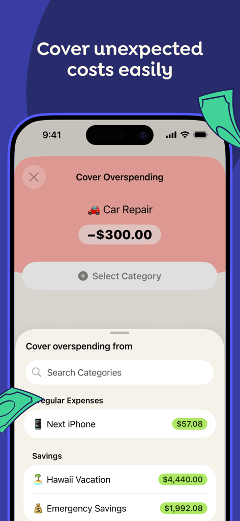 YNAB mobile app interface showing how to cover a car repair overspending by moving money from other budget categories