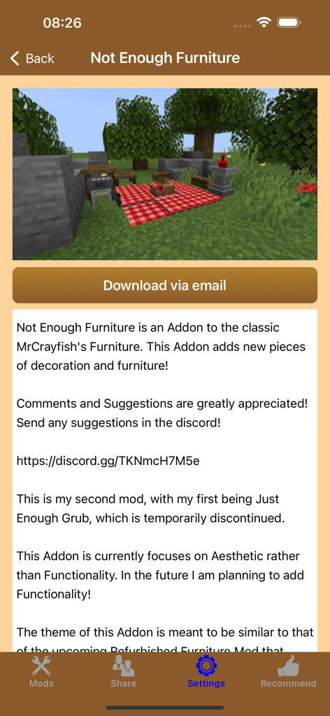 Details page for a Minecraft furniture addon showing a picnic scene with a red checkered blanket and outdoor grill
