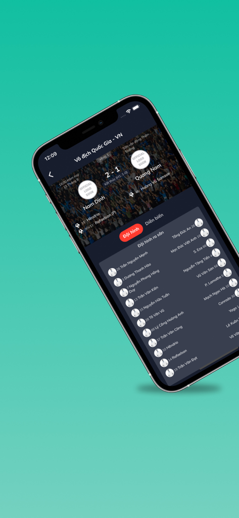 Lịch bóng đá - vua bóng - Mobile app screenshot showing the team lineup for a Vietnamese V League football match