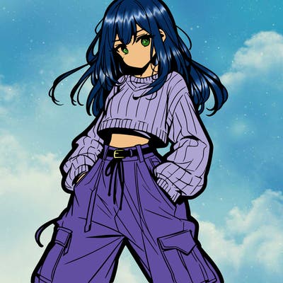 anime teen girl with baggy pants and crop top with sweater