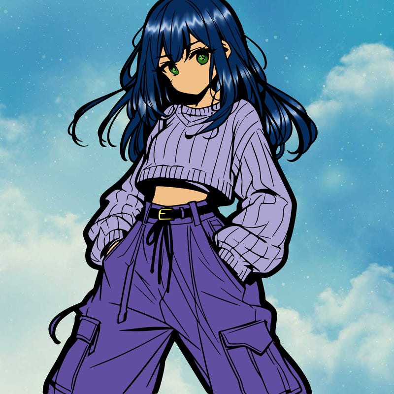 anime teen girl with baggy pants and crop top with sweater