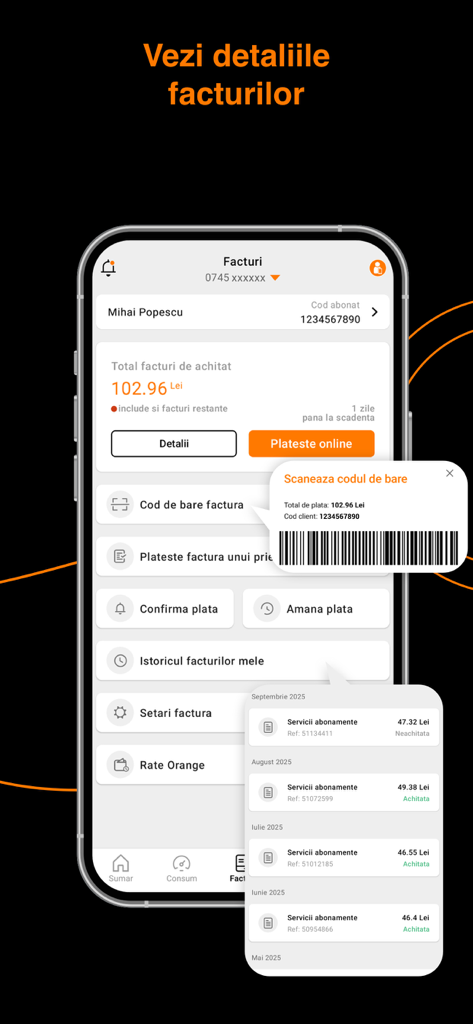 Bill management screen in the My Orange Romania app showing payment options and bill history