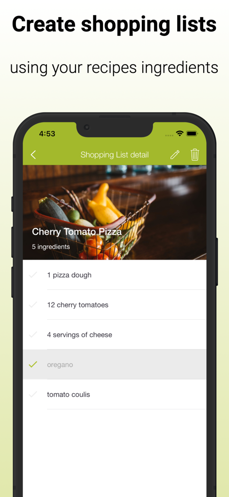 Cookmate - My Recipe Organizer - Cookmate app interface showing a grocery shopping list generated from a pizza recipe