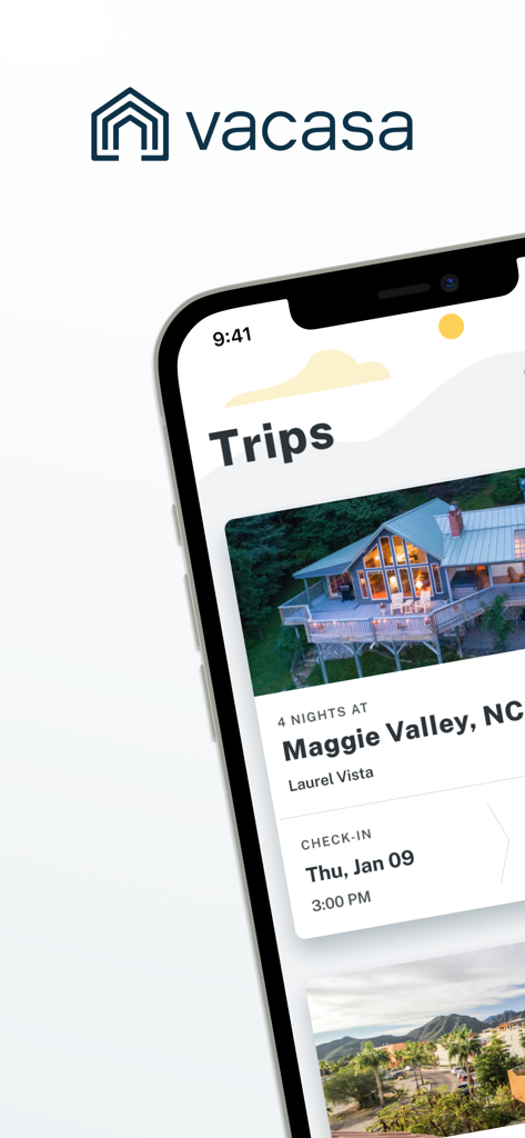 Vacasa - Vacation Rentals - Vacasa app interface showing a scheduled trip to a vacation rental in Maggie Valley North Carolina