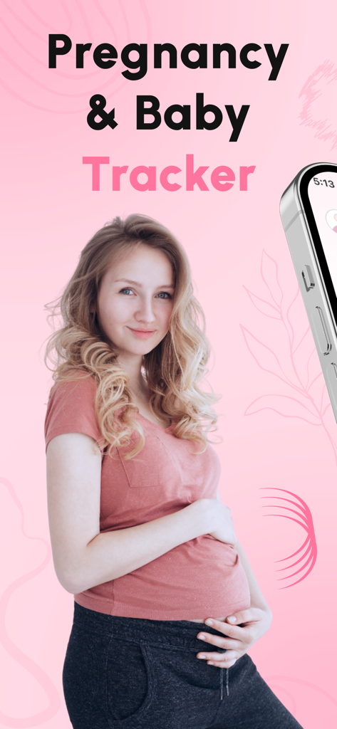 Introductory screen of the Pregnancy and Baby Tracker app featuring a smiling pregnant woman on a pink background.