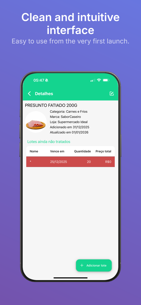 Smart Expiry Tracker - Smart Expiry Tracker app interface showing details for a sliced ham product including expiration date and batch tracking