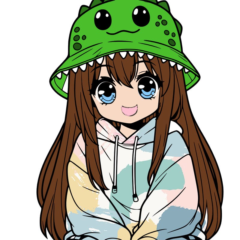 girl with anime shaped eyes with a dinosaur bucket hat oversized sweatshirt long straight hair
