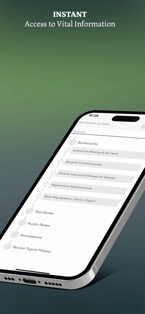 Pantalla de teléfono inteligente que muestra la sección de marcadores y notas de una aplicación de referencia médica de cardiología
