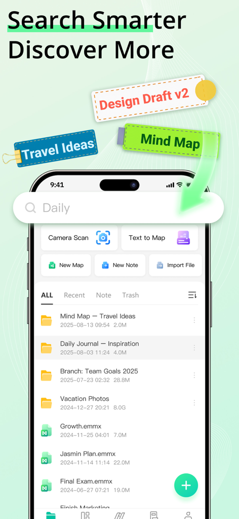 EdrawMind: AI Mind Map, Notes - EdrawMind Mobile-Oberfläche zeigt Funktionen zur Dateisuche und -organisation