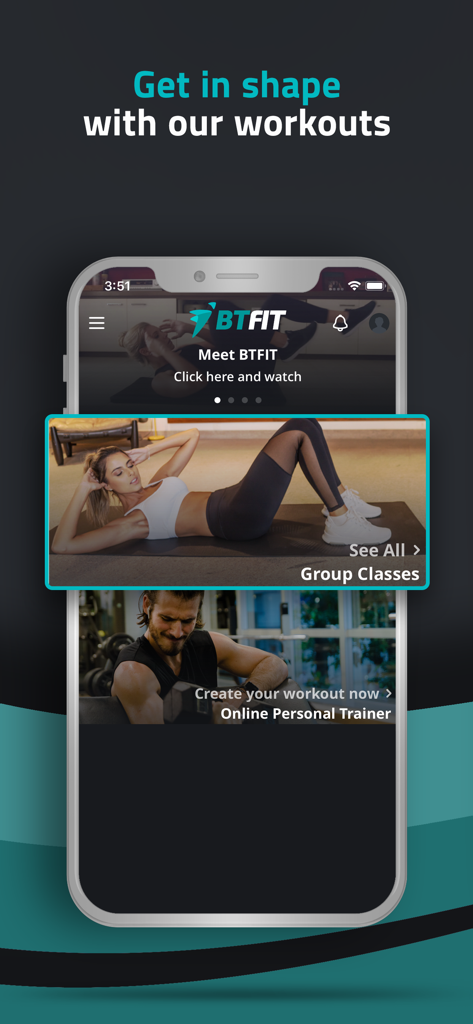 BTFIT: Personal trainer online - BTFIT app home screen displaying group classes and online personal trainer options